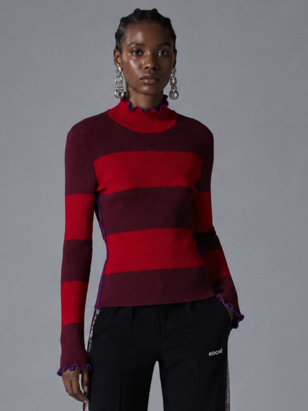 Koche Collective Ruffle Trim Striped Sweater Red Purple Women Size Small